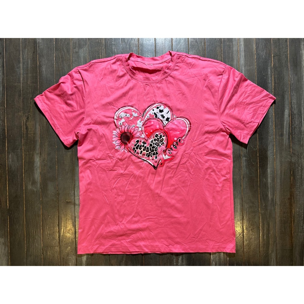 Womens Pink Heart Graphic T-Shirt Leopard Cow Print Sunflower Short Sleeve Tee